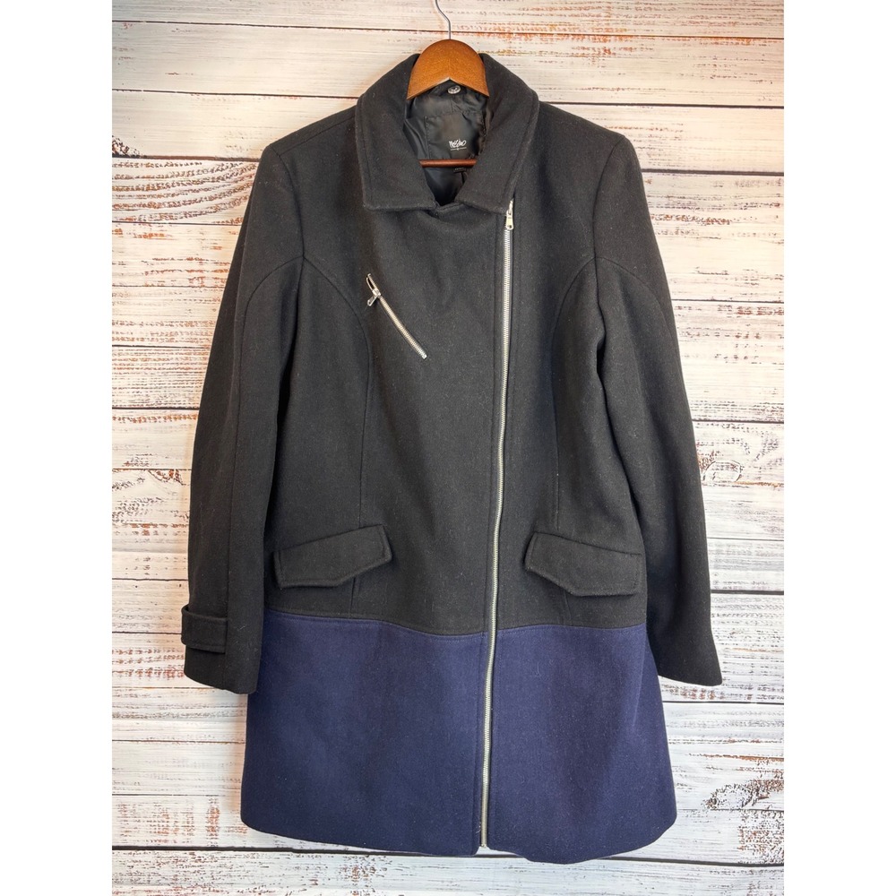 Vintage Black & Navy‎ Blue Wool Blend Long Moto Coat L Zippers Pockets